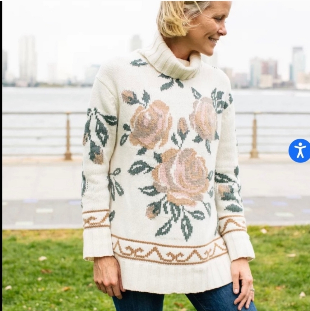 Tuckernuck Cream Floral Turtleneck Sweater with Pink and Green Roses